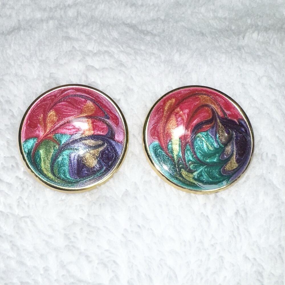 Pink Teal Gold Purple Swirled Enamel Gold Tone Metal Pierced Earrings Vintage - Picture 1 of 2